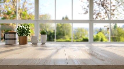 Wall Mural - Closeup kitchen wooden counter top interior design on blurred window background. AI generated image