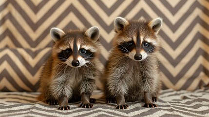 Canvas Print -   A pair of raccoons perched atop a bed alongside a chevron-patterned wall, with one raccoon positioned in front of the other