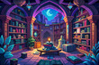 A fantastical library filled with spellbooks, magical artifacts, and ancient tomes Illustration