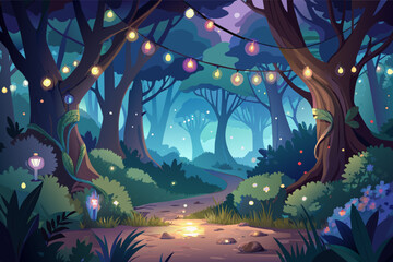Poster - A magical forest glade with sparkling fairy lights illuminating the trees, creating a whimsical and enchanting atmosphere