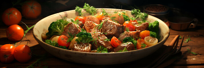 A savory bowl of beef stew with tender meat and fresh vegetables.