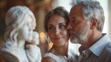 Poster - A man and woman kissing in front of a statue, AI