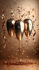 Canvas Print - Three balloons and confetti streamers are surrounding three metal balls, AI