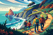 © SaroStock - A group of friends hiking along a rugged coastal trail, with dramatic ocean views and crashing waves below