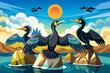 A group of cormorants drying their wings in the sun after a successful fishing trip
