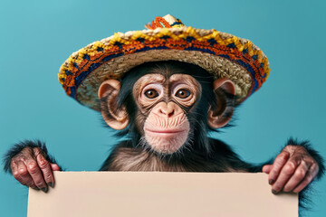 Poster - a monkey portrait wearing a sombrero hat and mexican style clothing holding a blank promotion sign