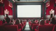 © somneuk - Cinema blank wide screen and people in red chairs in the cinema hall. Blurred People silhouettes watching movie performance.