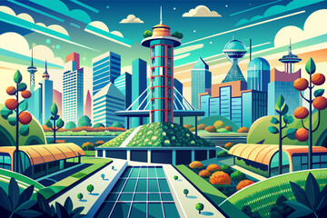 Poster - A futuristic cityscape with towering skyscrapers in 3D illustration