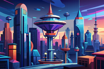 Poster - A futuristic cityscape with towering skyscrapers in 3D illustration