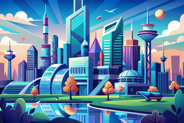 Poster - A futuristic cityscape with towering skyscrapers in 3D illustration