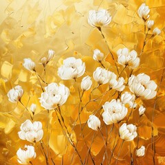 Wall Mural - A beautiful sprig of cotton on a yellow background, a place for text. Delicate white cotton flowers.