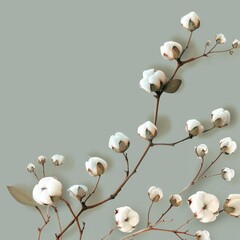 Wall Mural - A beautiful sprig of cotton on a green background, a place for text. Delicate white cotton flowers.