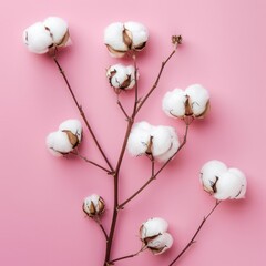 Wall Mural - A beautiful sprig of cotton on a pink background, a place for text. Delicate white cotton flowers.