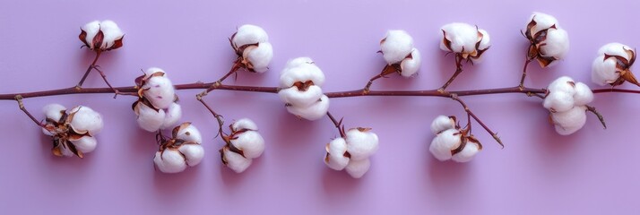 Wall Mural - A beautiful sprig of cotton on a purple background, a place for text. Delicate white cotton flowers.