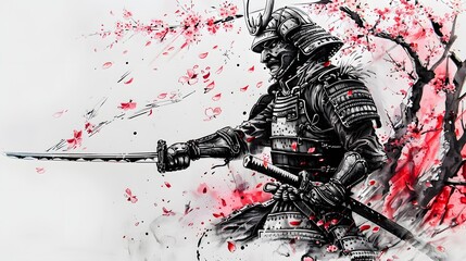 Abstract ink drawing of a samurai. Japanese style art.