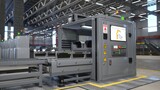 Fototapeta Tulipany - Machine with control panel used to give commands to robotic arms placing manufactured products on conveyor belts, 3D rendering. Machinery unit controlling assembly lines in empty logistics depot