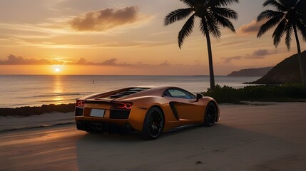 Exotic Supercar at Sunset: Luxury Beach Drive, Travel Destination, Lifestyle Advertisement