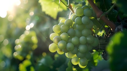 Sticker - Sun-kissed grape bunches in a vineyard. Fresh grapes ready for harvest. Perfect for wine lovers and agricultural themes. Nature's bounty captured in soft light. AI