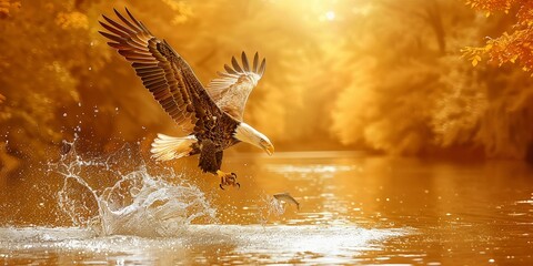 Wall Mural - Golden Splash: Bald Eagle Capturing Prey in Luminous Waters Under a Fiery Autumn Sky