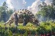 © Roberto - Capture the serene scene of an Ankylosaurus foraging for plants in a lush forest, illustrating the gentle feeding habits and herbivorous nature of these well-protected giants