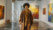 Model standing in an artistic gallery space wearing a designer terry cardigan, full body shot