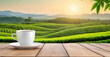 Cup of hot tea on wooden table on a green blurred tea plantations background.Banner for design, display or montage your products.Generative AI 