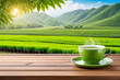 Cup of hot green tea on wooden table on a blurred tea plantations background.Banner for design, display or montage your products.Generative AI 