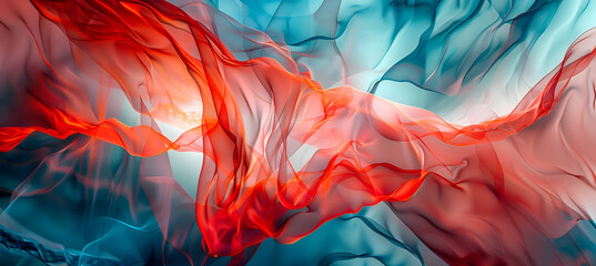 Wall Mural - Luxurious abstract art featuring soft, flowing lines and geometric motifs, highlighted in a bold contrast of crimson red and sky blue, resembling an HD photograph