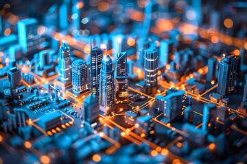Wall Mural - A cityscape with buildings and lights is shown in a 3D rendering. The city is illuminated with bright lights, giving it a futuristic and modern feel. The buildings are tall and spread out