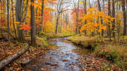 Wall Mural - Vibrant autumn forest scene with colorful leaves and a small creek