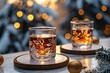 Two glasses with white leaf designs, set for a festive occasion, surrounded by warm lights.