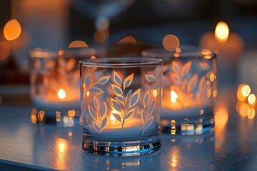 Canvas Print - Elegant candle holders with white leaf designs, glowing warmly on a reflective surface.