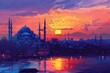 Artistic illustration of Istanbul at dusk with mosque and glowing city lights