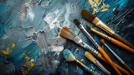 A set of brushes above a painting.