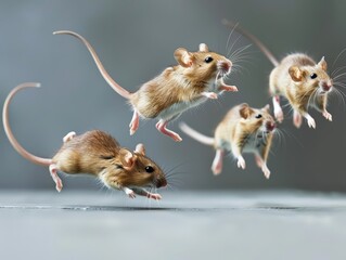Four mice jumping in mid-air on a gray background