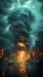 closeup city street huge cloud sky explode chaos destroyed buildings monstrous tornado source engine footage flares syndicate concept promotional