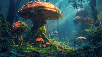 Wall Mural - Mushroom Wallpaper ,Fantasy Wallpaper, 4K, Mushroom Light, Fantasy Mushroom, Jungle, Forest Mushroom, Jungle Background,