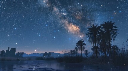 Wall Mural - mystical oasis hidden within the vast, starlit expanse of the ancient assyria, a sanctuary of life and magic amidst the endless sands. By night