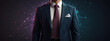 the figure of a man in a suit with a white shirt and a burgundy tie, neon lines and effects around the suit