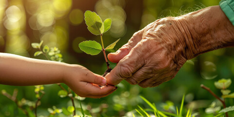 a young child's hand giving a seedling to an old man, with a green natural background and concept of