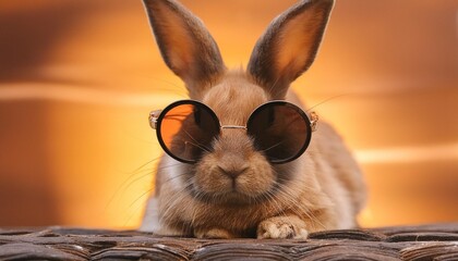 Wall Mural - funny rabbit in sunglasses on orange background