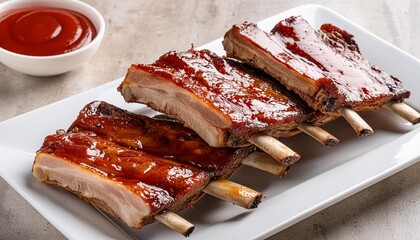 Wall Mural - a white plate topped with grilled pork ribs and ketchup high quality