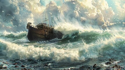 Wall Mural - Painting of Noah's Ark among the mighty waves, classic ,a??Y2K aesthetic a?? , Panorama view