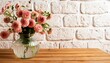 realistic photo beautiful pink flowers in a vase on a wooden table with a wall in the background generative ai