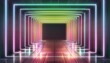 abstract neon light geometric background glowing neon lines empty futuristic stage laser colorful rectangular laser lines square tunnel night club empty room