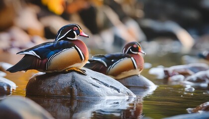 Wall Mural - harlequin ducks resting on rocks in a river