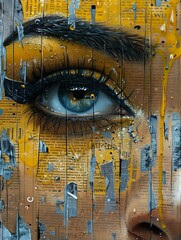 womans face yellow eye rain golden eyelashes newspaper teardrops huile stunningly tear fragmented realistically eyes teary