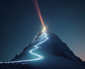 Wall Mural - Path to mountain top, mountain with a light trail going up it's side in the night time with a bright light coming from the top