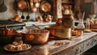 A serene scene of a fudge-making kitchen, with gleaming copper pots and utensils, capturing the artisanal process of crafting this beloved confection on National Fudge Day.