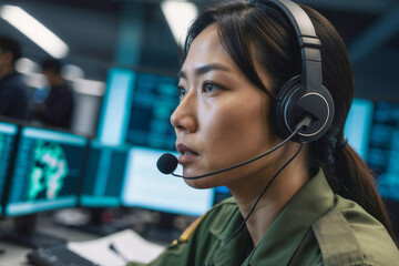 Wall Mural - Asian female military surveillance officer in headset working in the central army office for cyber operations. Technology and Army communications